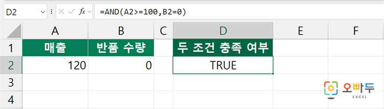 엑셀 AND 함수 수식 입력 예제