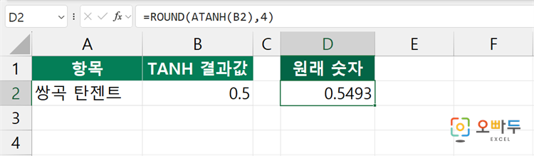 엑셀 ATANH 함수 수식 입력 예제