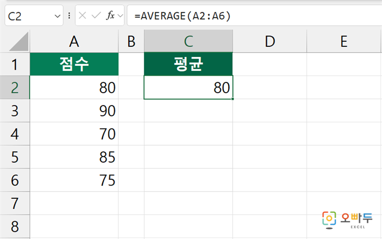 엑셀 AVERAGE 함수 수식 입력 예제
