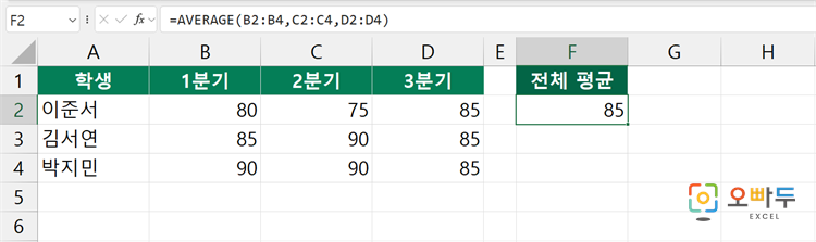 엑셀 AVERAGE 함수 간단 예제 2