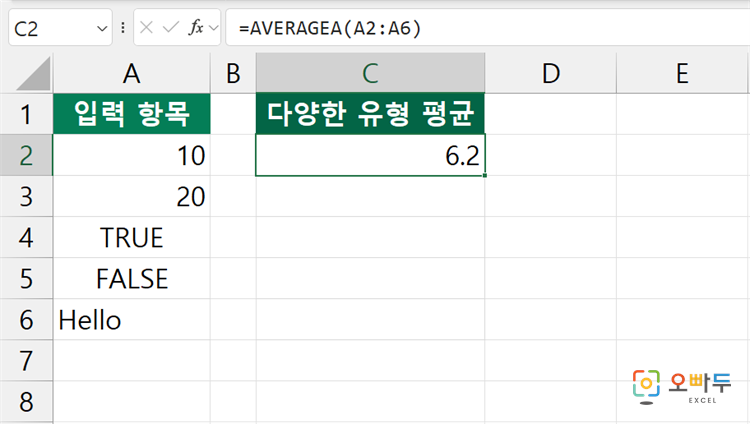 엑셀 AVERAGEA 함수 간단 예제 1