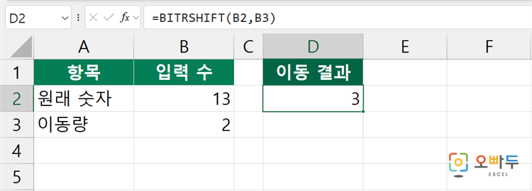 엑셀 BITRSHIFT 함수 수식 입력 예제