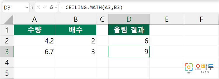 엑셀 CEILING.MATH 함수 수식 입력 예제