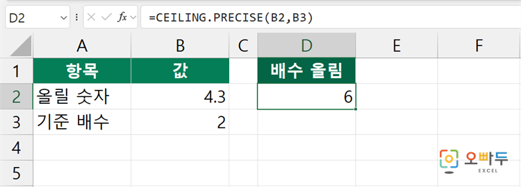 엑셀 CEILING.PRECISE 함수 간단 예제 1