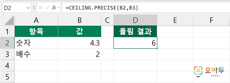 엑셀 CEILING.PRECISE 함수 수식 입력 예제