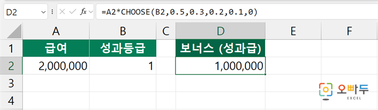 엑셀 CHOOSE 함수 간단 예제 1