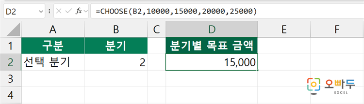 엑셀 CHOOSE 함수 간단 예제 2