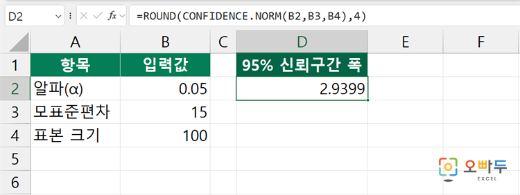 엑셀 CONFIDENCE.NORM 함수 간단 예제 1