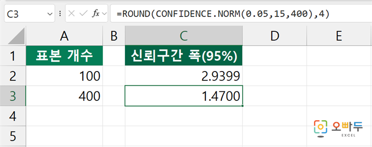 엑셀 CONFIDENCE.NORM 함수 간단 예제 3