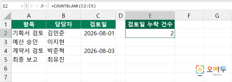 엑셀 COUNTBLANK 함수 간단 예제 3