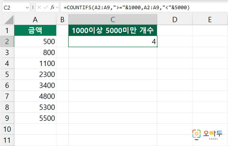 엑셀 COUNTIFS 함수 간단 예제 2