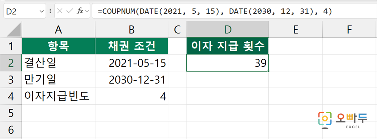 엑셀 COUPNUM 함수 수식 입력 예제