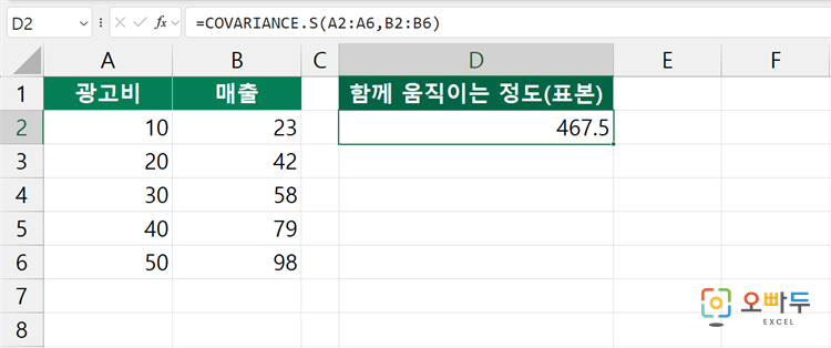 엑셀 COVARIANCE.S 함수 간단 예제 1