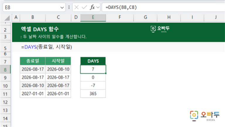 DAYS 함수 예제 미리보기