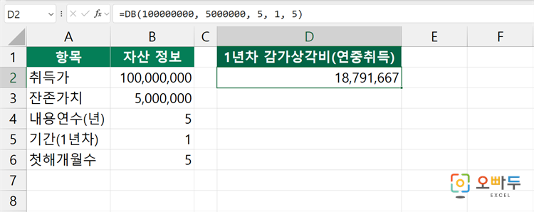 엑셀 DB 함수 간단 예제 2