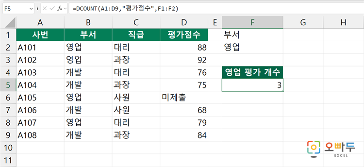 DCOUNT 함수 개요 수식 예제