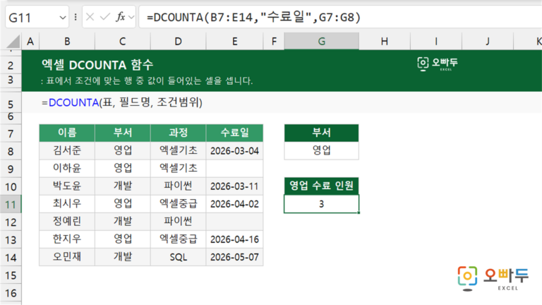DCOUNTA 함수 예제 미리보기