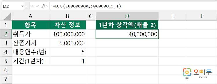 엑셀 DDB 함수 수식 입력 예제