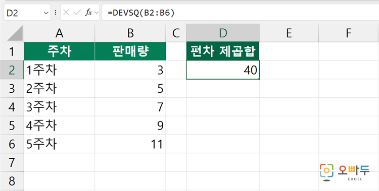 엑셀 DEVSQ 함수 수식 입력 예제