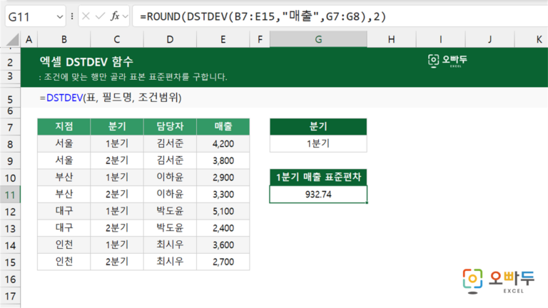 DSTDEV 함수 예제 미리보기