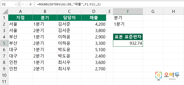 엑셀 DSTDEVP 함수 간단 예제 2