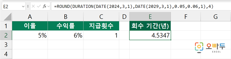 엑셀 DURATION 함수 간단 예제 2
