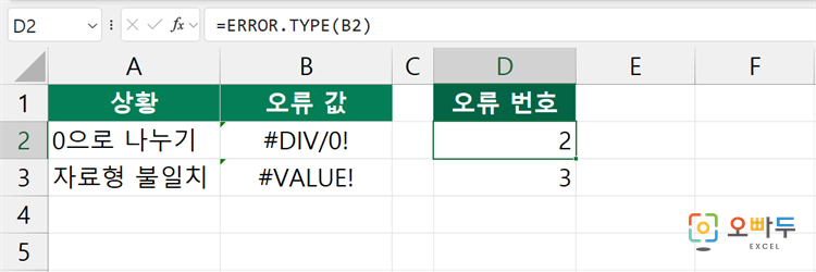 엑셀 ERROR.TYPE 함수 간단 예제 1
