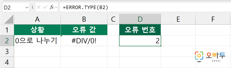 엑셀 ERROR.TYPE 함수 수식 입력 예제