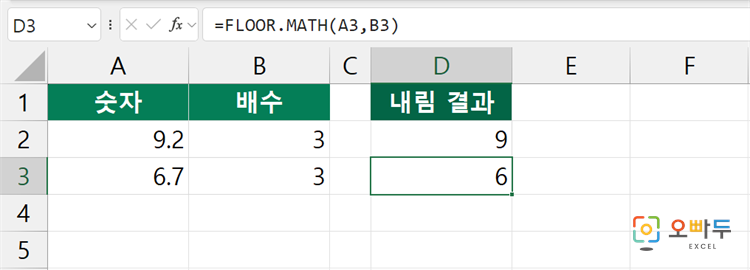 엑셀 FLOOR.MATH 함수 수식 입력 예제