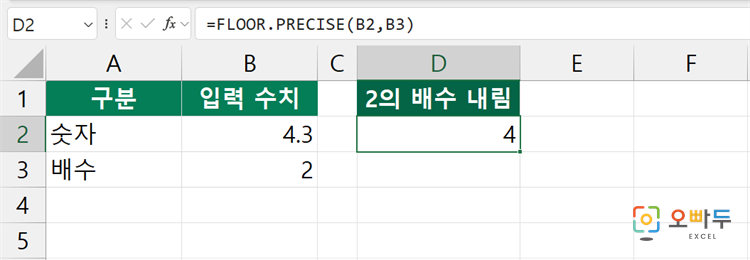 엑셀 FLOOR.PRECISE 함수 간단 예제 1