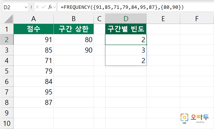 엑셀 FREQUENCY 함수 간단 예제 1