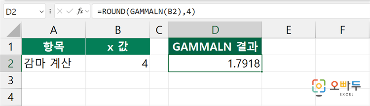 엑셀 GAMMALN 함수 간단 예제 1