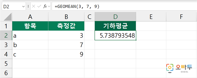 엑셀 GEOMEAN 함수 간단 예제 1