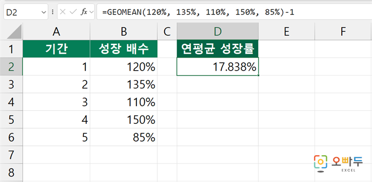 엑셀 GEOMEAN 함수 간단 예제 2