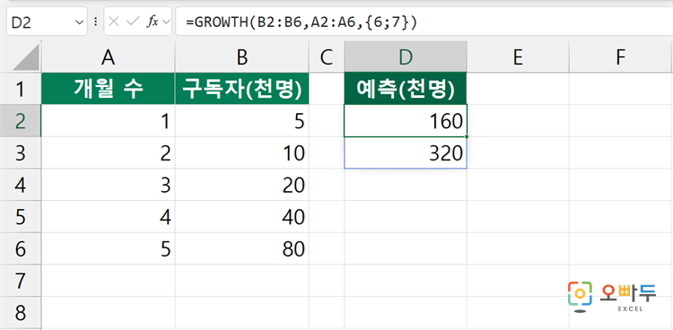 엑셀 GROWTH 함수 간단 예제 2