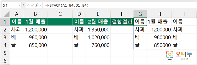엑셀 HSTACK 함수 수식 입력 예제 2