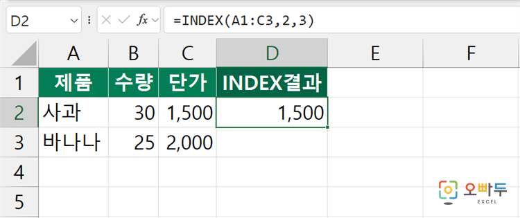 엑셀 INDEX 함수 수식 입력 예제