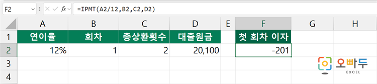 엑셀 IPMT 함수 간단 예제 1
