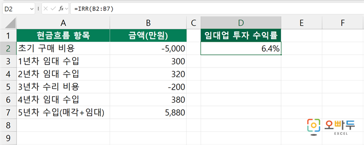 엑셀 IRR 함수 간단 예제 2