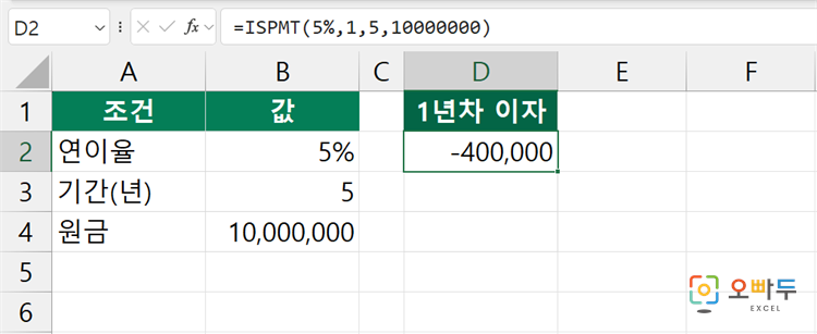 엑셀 ISPMT 함수 간단 예제 1