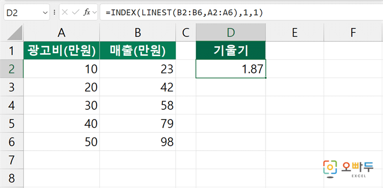 엑셀 LINEST 함수 간단 예제 2