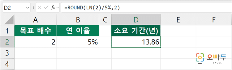 엑셀 LN 함수 간단 예제 3