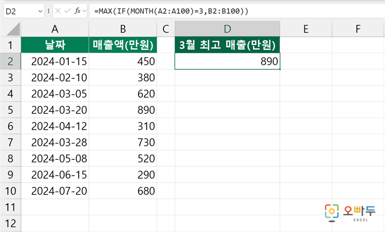 엑셀 MAX 함수 간단 예제 3
