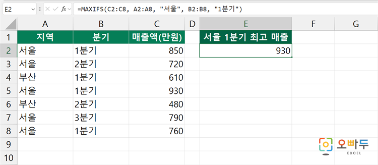 엑셀 MAXIFS 함수 간단 예제 2