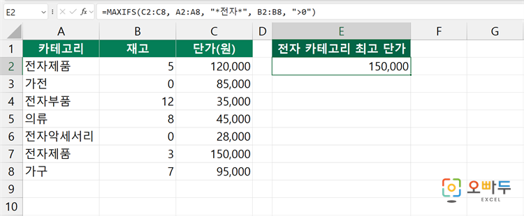 엑셀 MAXIFS 함수 간단 예제 3