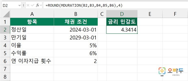 엑셀 MDURATION 함수 수식 입력 예제
