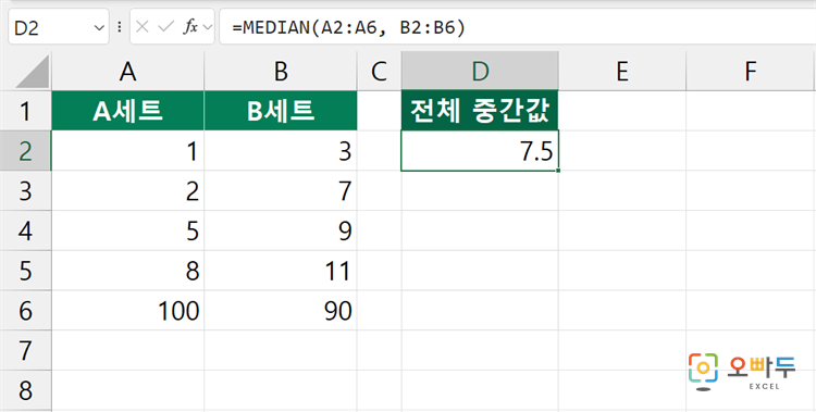 엑셀 MEDIAN 함수 간단 예제 2