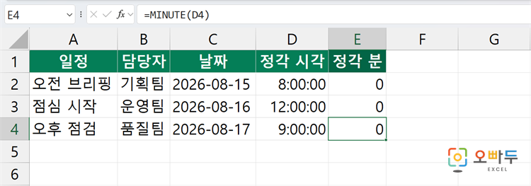 엑셀 MINUTE 함수 간단 예제 3