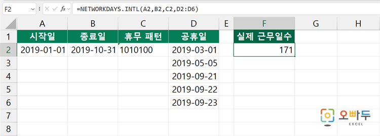 엑셀 NETWORKDAYS.INTL 함수 간단 예제 2