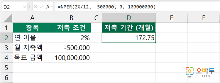 엑셀 NPER 함수 간단 예제 2